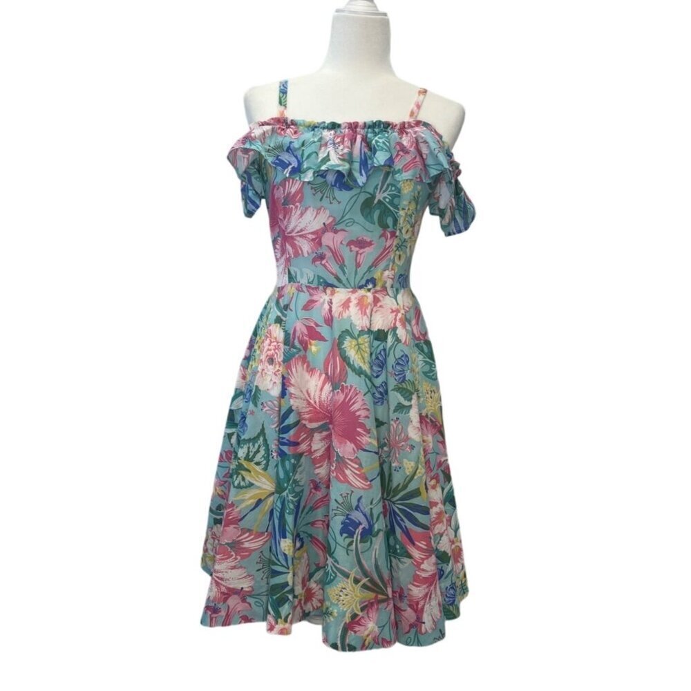 Montgomery Ward Vintage 80s Off Shoulder Floral Swing dress Size SMALL Cottage